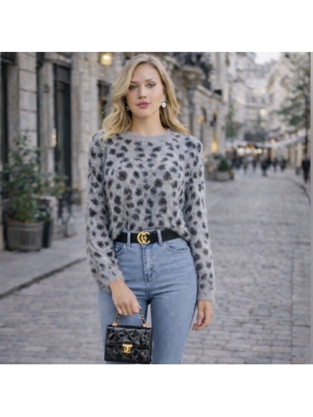 Gray Leopard-Print Fuzzy Crewneck Sweater - Women